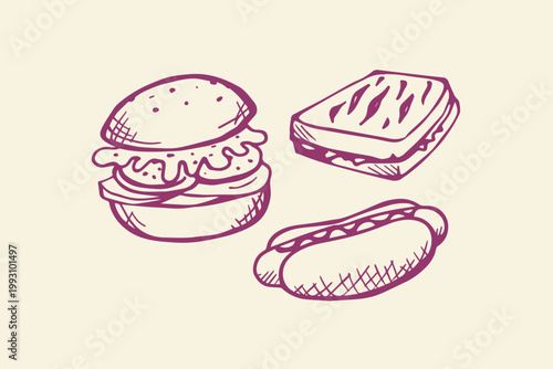 Hand-drawn fast food selection featuring a burger hot dog sandwich junk food burger bun american food burger patty hot dogs cheese sandwich food truck street food sandwich takeaway