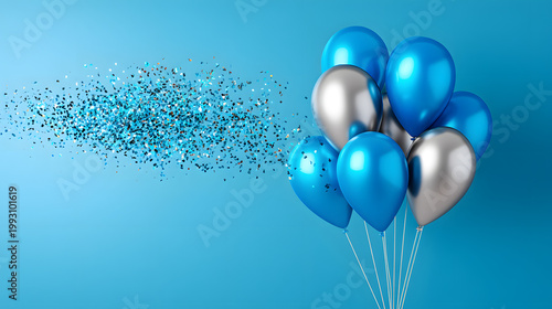 Balloons of blue and silver with confetti explosion during a celebration or party event