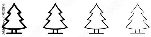 Set of spruce tree icons. Graphic elements with different line weights, symbolizing a coniferous tree, forest, and nature. Vector illustration.