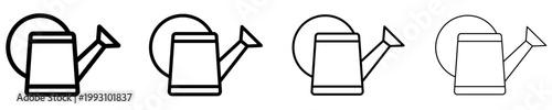 Set of watering can icons. Graphic elements with different line weights, symbolizing plant care, gardening, and cultivation. Vector illustration.