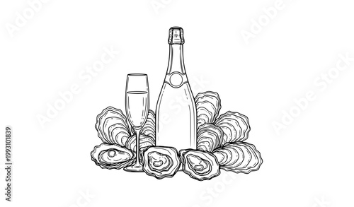 Oysters and Champagne Bottle Hand Drawn Black and White Elegant Food Vector Design