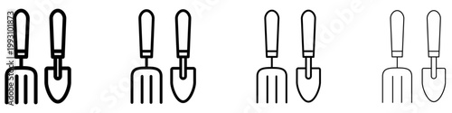 Set of garden tool icons. Graphic elements with different line weights, depicting a trowel and a hoe for plant care and gardening.