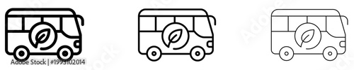 Set of eco bus icons. Graphic elements with different line weights, depicting public transport with a leaf symbol, signifying clean energy and sustainable development.