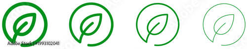Set of icons with a leaf in a circle. Green graphic elements with different line weights, symbolizing ecology, organic products, and environmental protection.