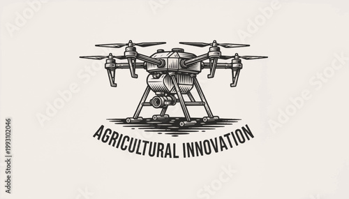 Vintage agricultural drone illustration. Engraved style farming technology emblem. Retro quadcopter vector design with text