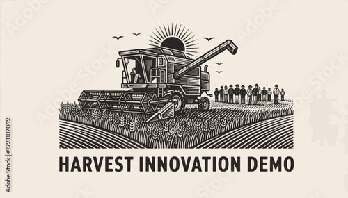 Vintage combine harvester in wheat field with farmers. Woodcut engraving style vector illustration. Harvest innovation demo concept