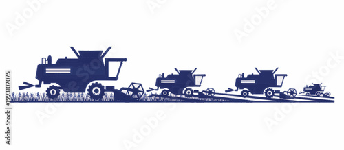 Blue silhouette of combine harvesters in a wheat field. Agricultural machinery and farming concept vector illustration. Isolated on white background