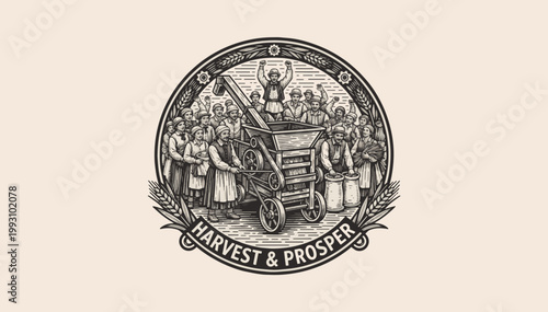 Vintage harvest emblem with farmers and antique threshing machine. Woodcut engraving style vector badge. Harvest and prosper concept