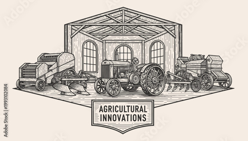Vintage agricultural innovations line art illustration. Retro farm equipment and tractor engraving style vector. Monochrome farming machinery poster design