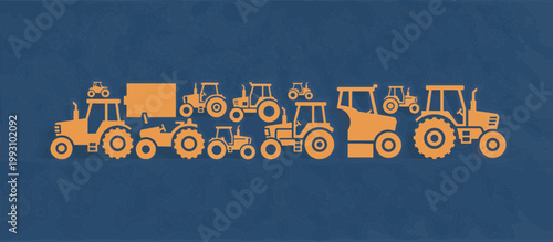 Tractor silhouette collection flat design illustration. Orange agricultural machinery icons on blue background vector. Farm equipment expo graphic elements