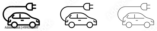 Set of electric car icons. Graphic elements with different line weights, depicting a car with an electric plug, symbolizing eco-friendly transport and clean energy.