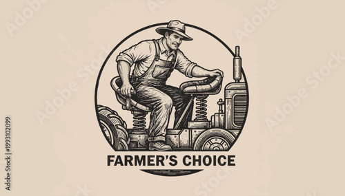 Vintage farmer driving tractor circular badge. Retro line art vector emblem for agricultural logo and farm equipment expo branding