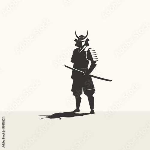 Samurai Warrior Silhouette with Katana Sword and Shadow