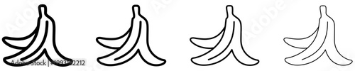 Set of banana peel icons. Graphic elements with different line weights, depicting organic waste and symbolizing ecological disposal.