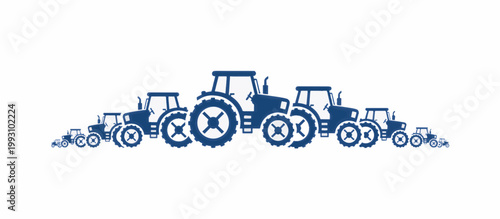 Blue tractor silhouette border and banner element. Flat design vector illustration of agricultural machinery in a row. Farm equipment expo concept isolated on white background