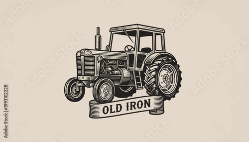 Vintage tractor engraving with old iron ribbon banner. Detailed line art vector illustration of classic agricultural machinery. Retro farm equipment expo design element