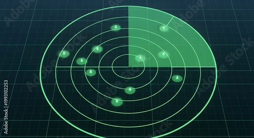 A green radar screen vector illustration featuring military technology for sonar detection and target scanning of an airplane or submarine signal within an air alert system