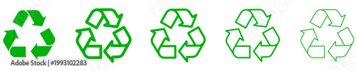Set of recycling icons. Green graphic elements with different line weights, recycling symbol. Vector illustration.