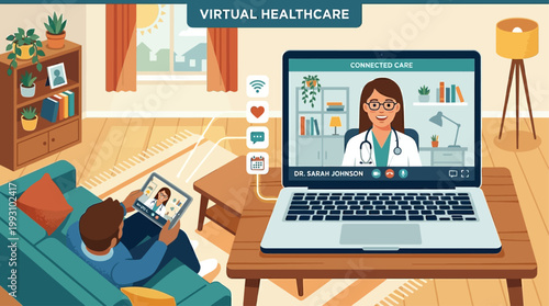 A flat design illustration depicting a doctor consulting a patient virtually via video call, emphasizing convenience and accessibility in modern healthcare. 
