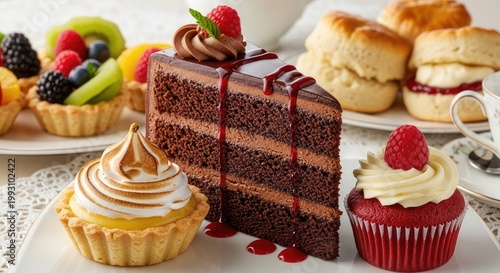 A decadent chocolate cake adorned with a drizzle of red sauce and a sprig of mint, accompanied by a slice of lemon tart and a cup of tea.