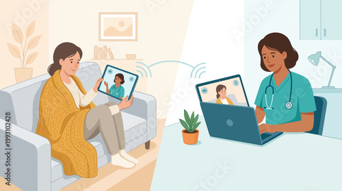 A flat design illustration depicting a doctor consulting a patient virtually via video call, emphasizing convenience and accessibility in modern healthcare. 
