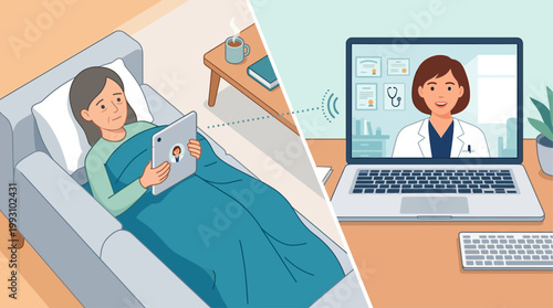 A flat design illustration depicting a doctor consulting a patient virtually via video call, emphasizing convenience and accessibility in modern healthcare. 