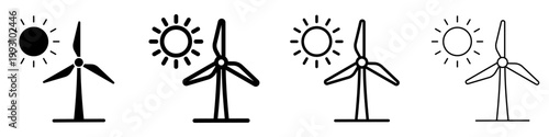 Set of wind turbine and sun icons. Graphic elements with different line weights, clean energy symbol. Vector illustration.