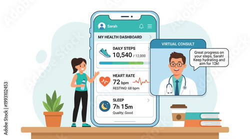 This flat design illustration shows a patient actively monitoring their health metrics through a mobile wellness app, with a doctor providing virtual guidance. 