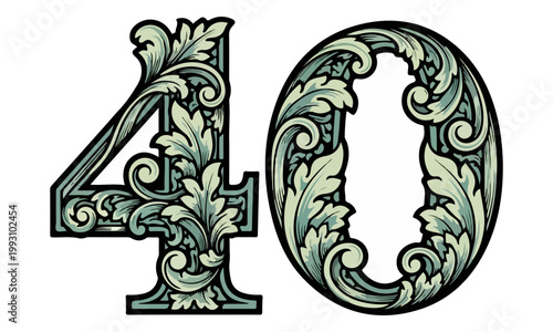 Number 40 with vintage filigree engraving on white background