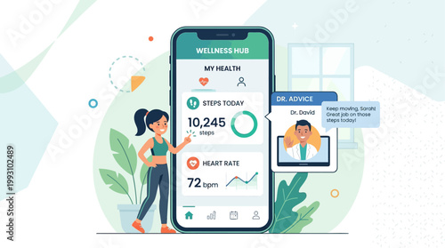 This flat design illustration shows a patient actively monitoring their health metrics through a mobile wellness app, with a doctor providing virtual guidance. 