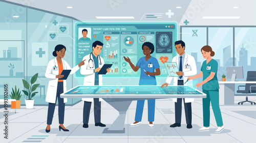 A flat design illustration showing a diverse team of doctors collaborating digitally, reviewing patient data and developing wellness plans. 