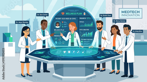 A flat design illustration showing a diverse team of doctors collaborating digitally, reviewing patient data and developing wellness plans. 