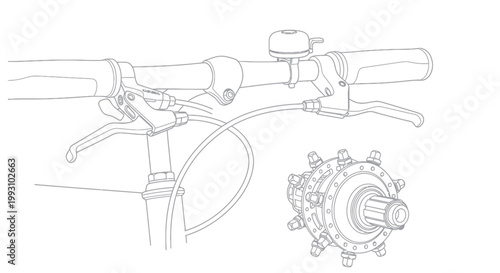Line drawing of a bicycle handlebar with brake levers and a close-up of a gear hub.