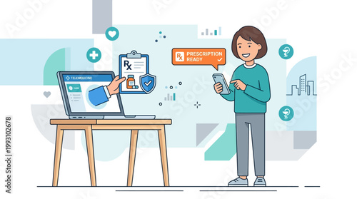 This flat design illustration depicts a patient receiving an online prescription, highlighting the convenience and efficiency of digital healthcare services.