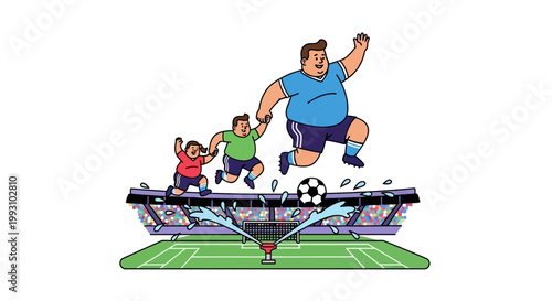 Cartoon Soccer Players Jumping Over Stadium with Soccer Ball.