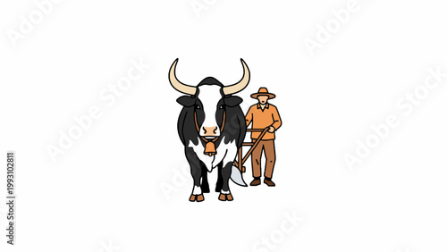 Farmer plowing field with bull vector illustration isolated on white