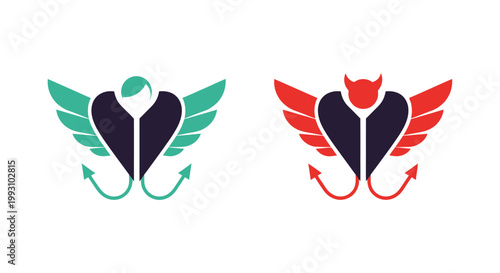 Angel and devil heart logos with wings and tails