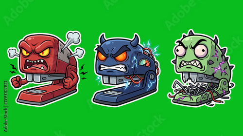 Cartoon Staplers with Angry Expressions and Unique Monster Designs.