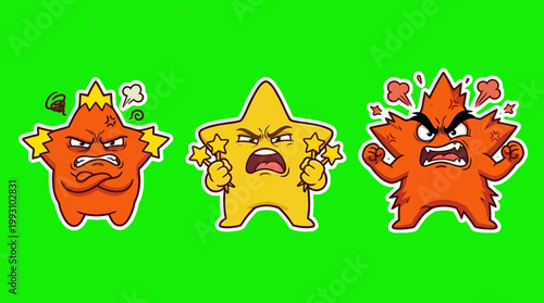 Cartoon Stars Expressing Anger and Frustration on Green Background.