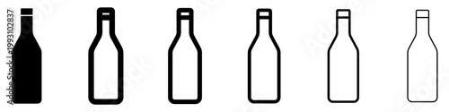 Set of glass bottle icons. Graphic elements with different line weights and silhouette variants, depicting universal containers for drinks, water, or wine. Vector illustration.