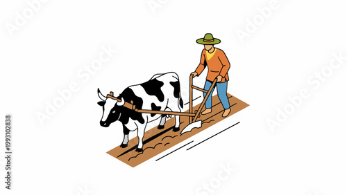 Farmer Plowing Soil with Cow Isometric Illustration
