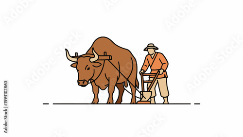 Farmer Plowing Field with Bull Traditional Agriculture Illustration