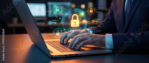 Cybersecurity action protecting data with advanced encryption techniques in a modern office environment focused on digital security technology insights