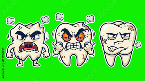 Cartoon Teeth with Angry Expressions on Green Background.