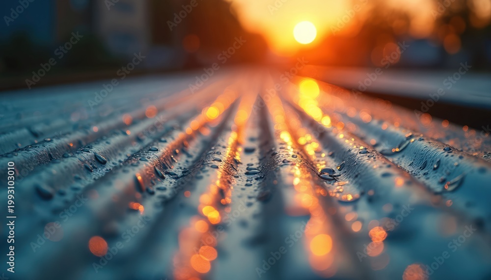 Fototapeta premium Corrugated metal surface gleams with water droplets reflecting warm sunset light, orange bokeh. Wet industrial material shows texture after rain dew. Shiny ripples create abstract background patterns.