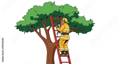 Firefighter rescuing a cat stuck in a tree.