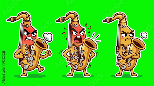 Cartoon Saxophone Characters Displaying Anger and Frustration on Green Background.