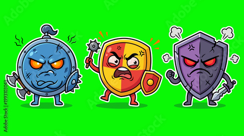 Cartoon Shields with Angry Expressions and Weapons on Green Background.