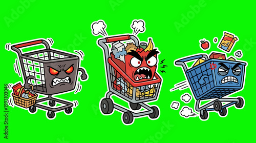 Cartoon Shopping Carts with Angry Faces and Expressions on Green Background.