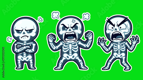Cartoon Skeletons Expressing Anger and Frustration on Green Background.